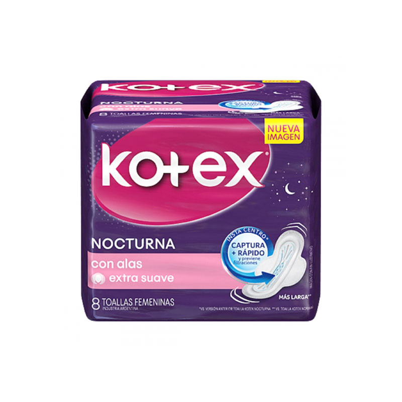 KOTEX Kotex TOALLAS FEMENINAS NOCTURNAS con alas | x 8 unidades